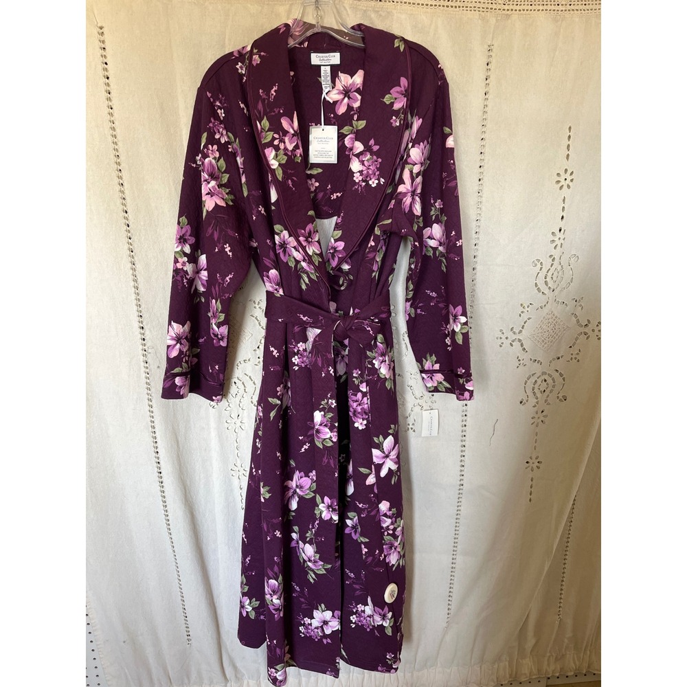 Charter Club Intimates Quilted Robe Purple Floral Long Wrap Belted Pockets L NWT